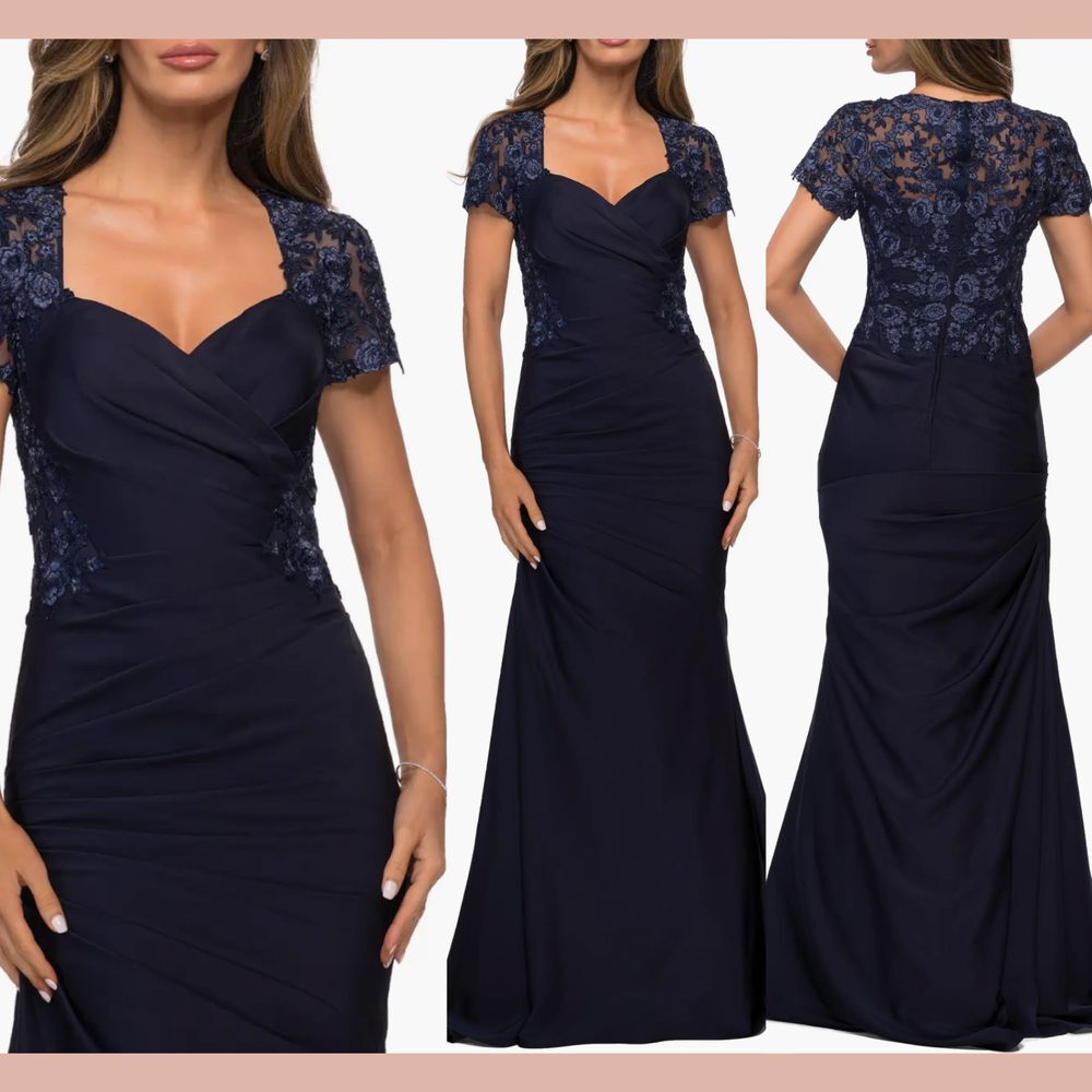 NWD $538 La Femme [ 12 ] Sweetheart Applique V Neck‎ Trumpet Gown Navy Q1029